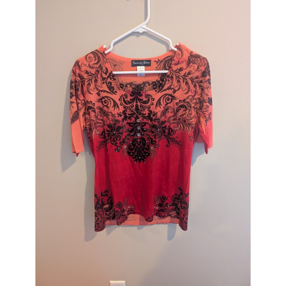 Women's M Red Coral Goth Burnout Gothic Rhinestone Paisley Henley Vampire Hip
